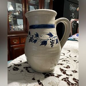 Williamsburg Pottery 7 1/2” Salt Glazed Pitcher Cobalt blue design